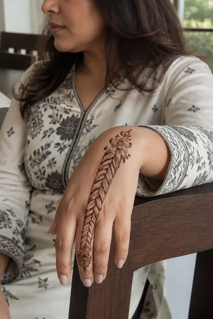 Front hand with a braided vine pattern across the top and small flowers at the ends
