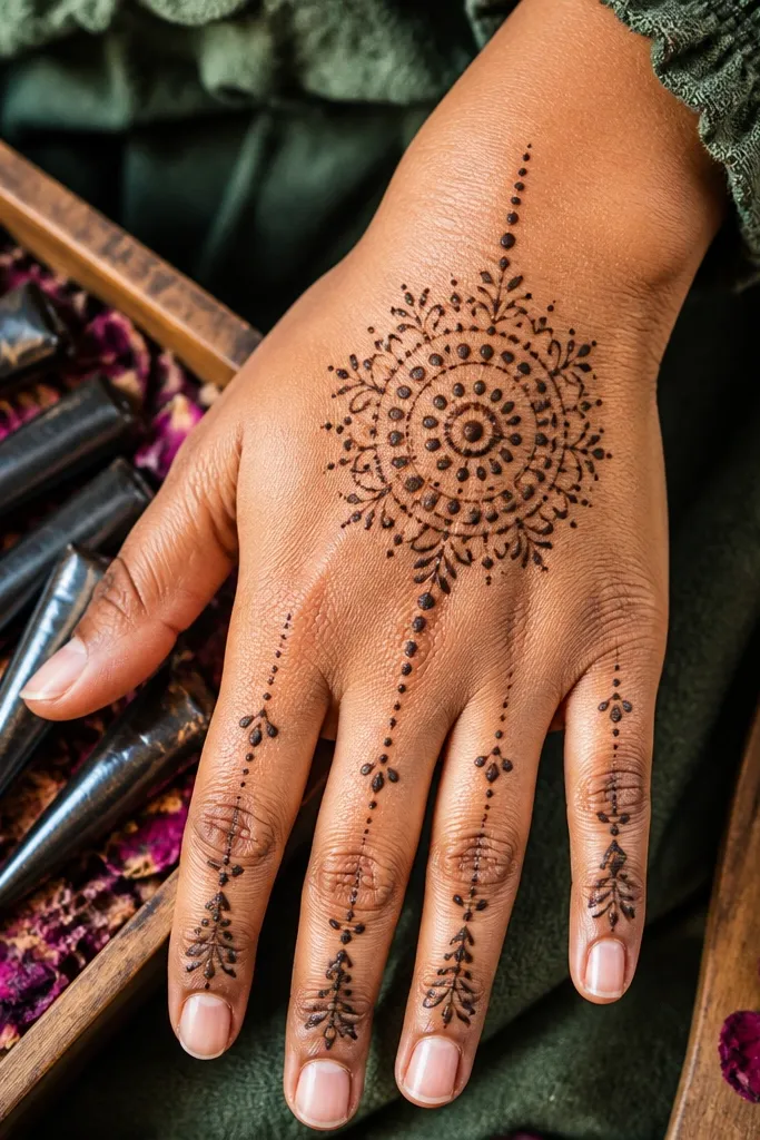 Front hand with a circle of dots and tiny petals forming a mini mandala