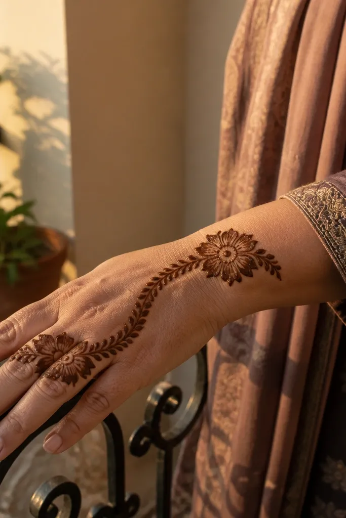 Front hand with a peacock feather curve and small flowers at the feather tips