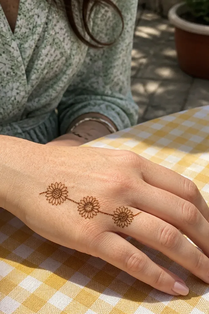 Front hand with three sunflower blooms and a thin ring connecting them
