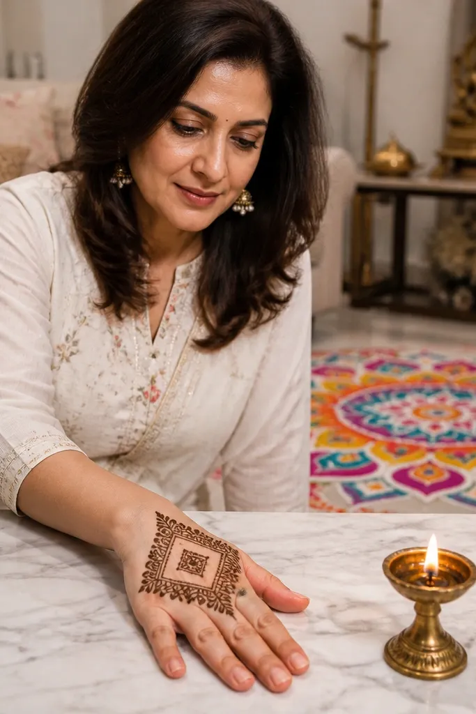 Front hand with a diamond frame pattern and small flowers inside the top section