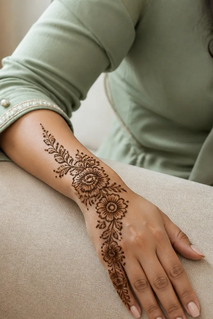 Front hand with a vine from thumb area to wrist and two-layer petal blossoms