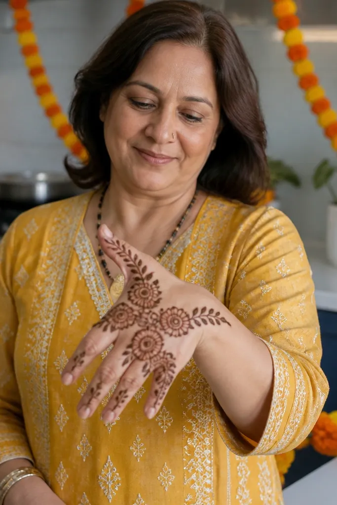 Front hand with three marigold-like sprigs and small leaf dots across the top