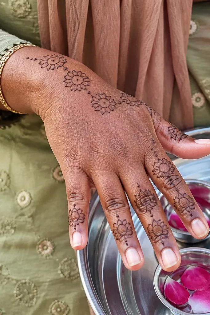 Front hand with a chain of small lotus shapes leading toward the finger bases