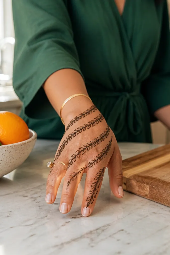 Front hand with segmented citrus peel lines and small leaf tips near the wrist