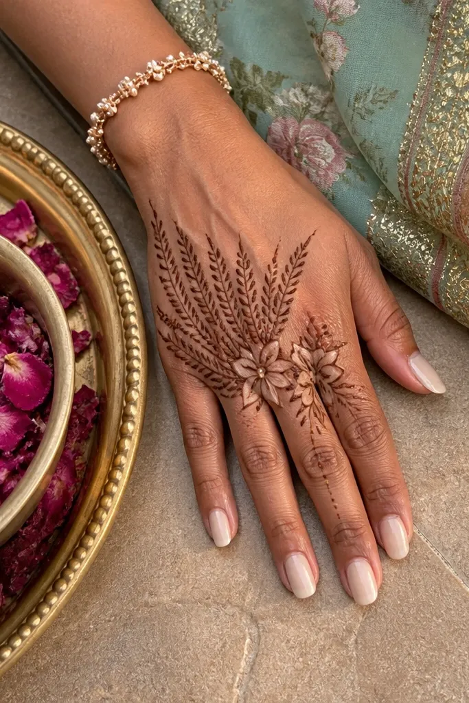 Front hand with a fan of leaf shapes and two small petal stars near the center