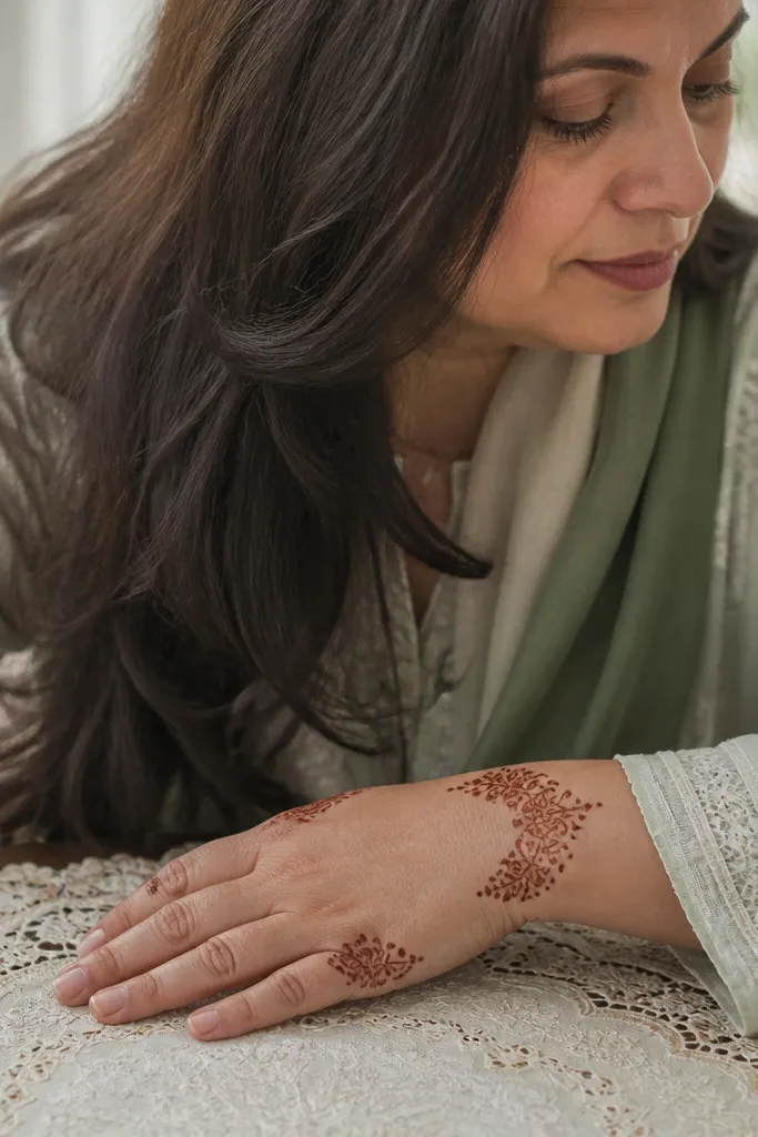 Front hand with small lace-like corner patterns and tiny flowers near the wrist