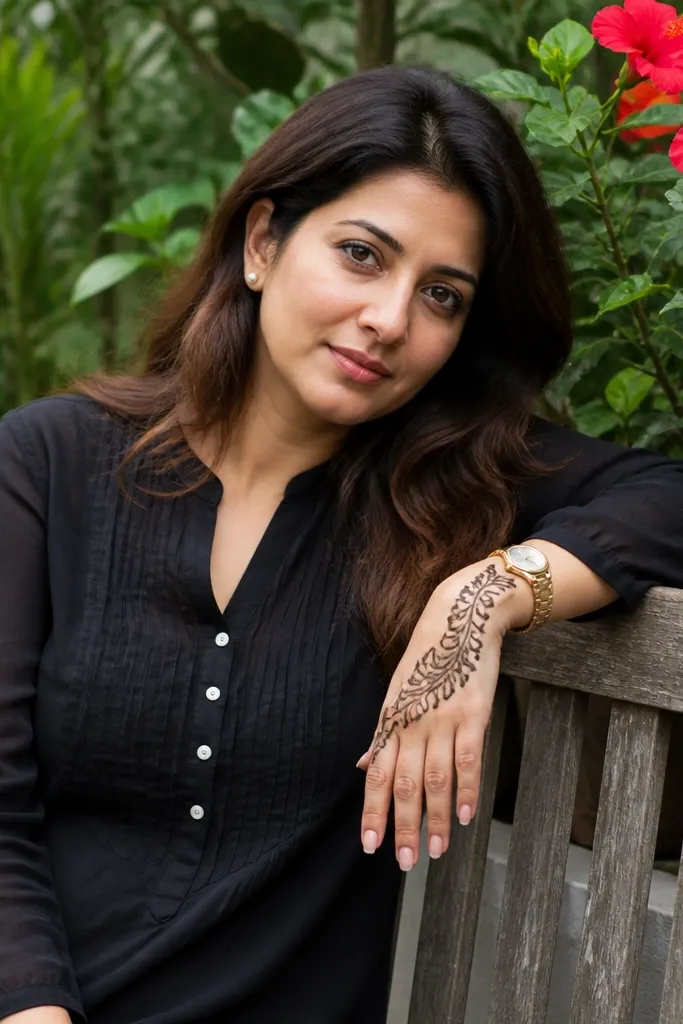 Front hand with an arc of tropical leaves and hibiscus-like flowers with dot centers