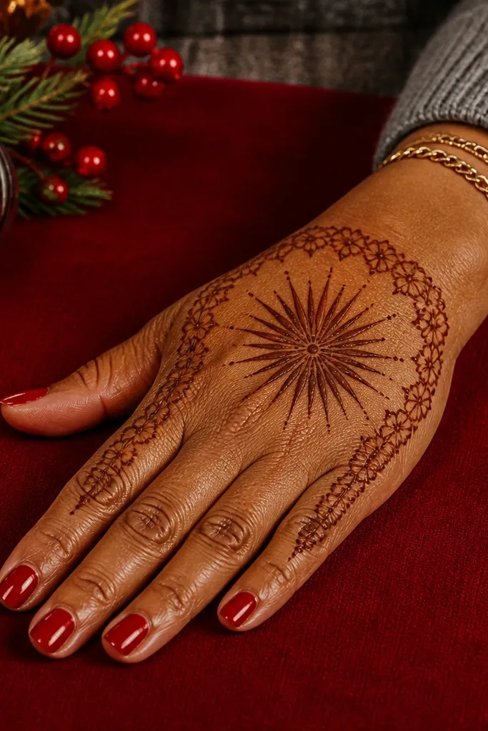 Front hand with a starburst center and a thin floral border line near the wrist