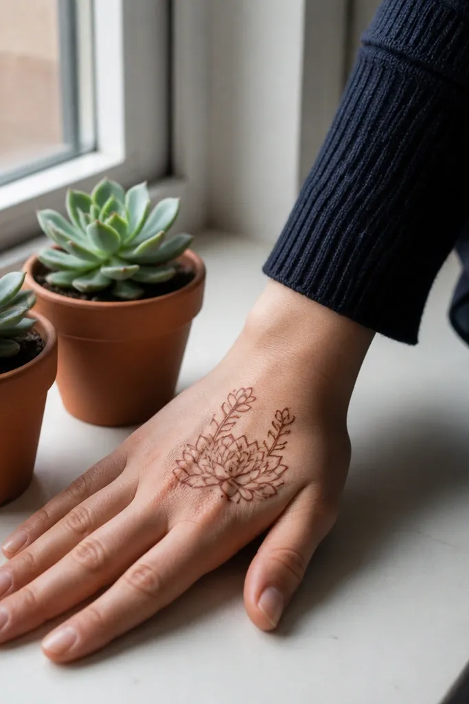 Front hand with two small succulent shapes and tiny flower tips near the wrist