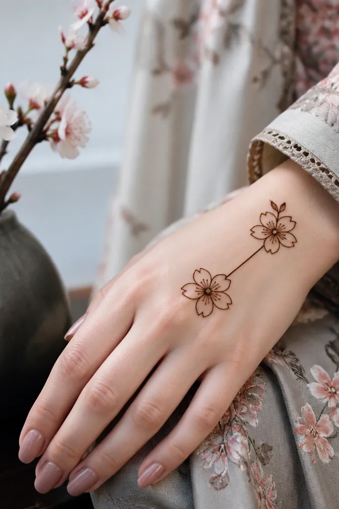 Front hand with two cherry blossom blooms connected by a thin line and small dots