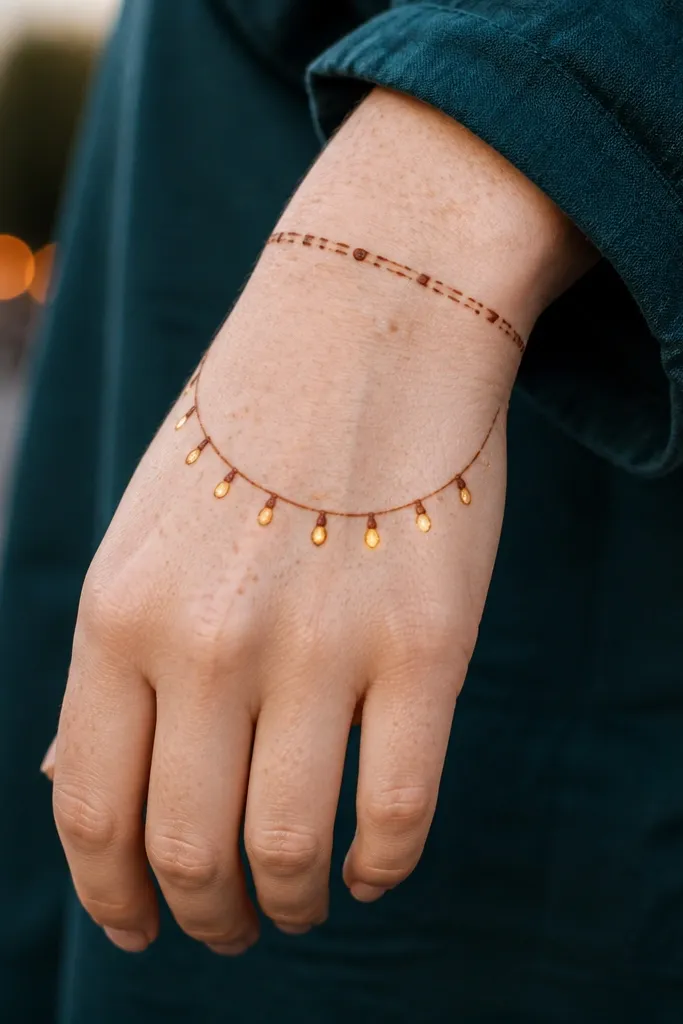 Back of hand has a curved string with tiny bulb dots and a thin wrist band