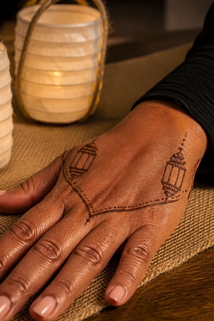 Two small lantern outlines on the back of the hand with dots and a simple finger border