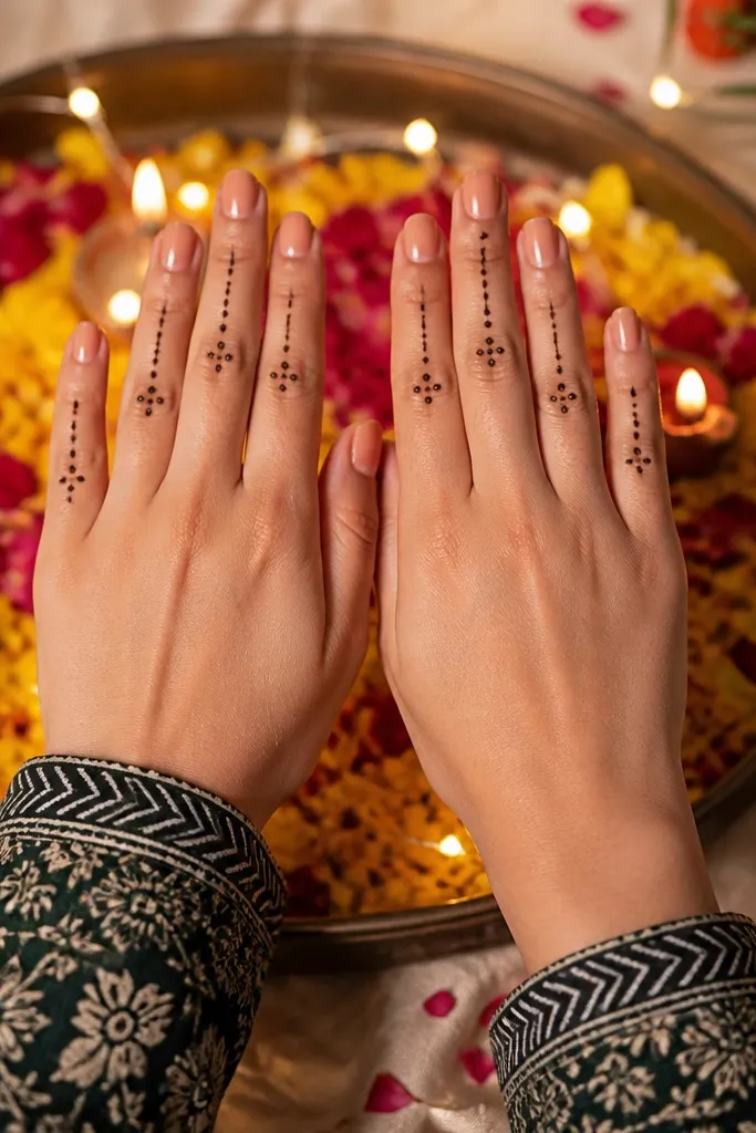 Fingers have small dot clusters and short dash lines with a thin wrist band