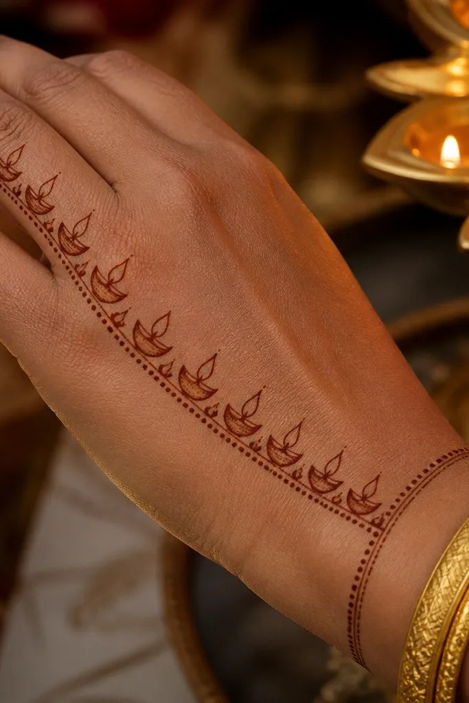 Back of hand shows a thin border made of small diya flame shapes and a wrist band