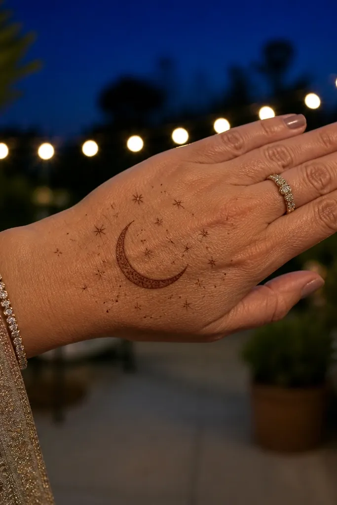 Crescent moon on back of hand with tiny star dots and a thin wrist line