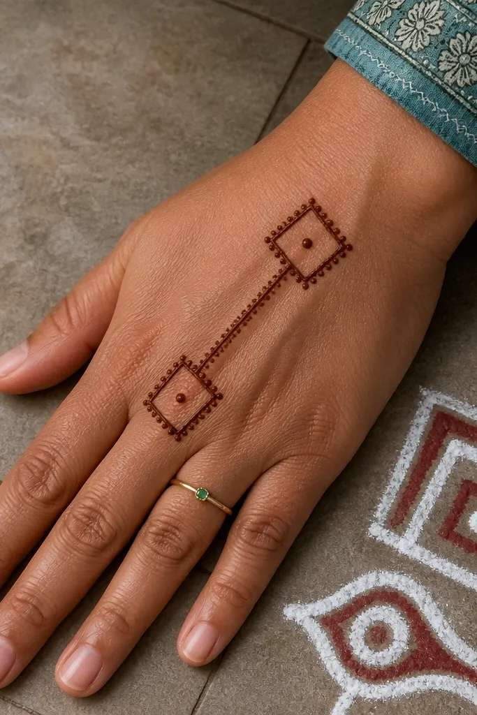 Two small corner square rangoli shapes on the back of hand with dot centers