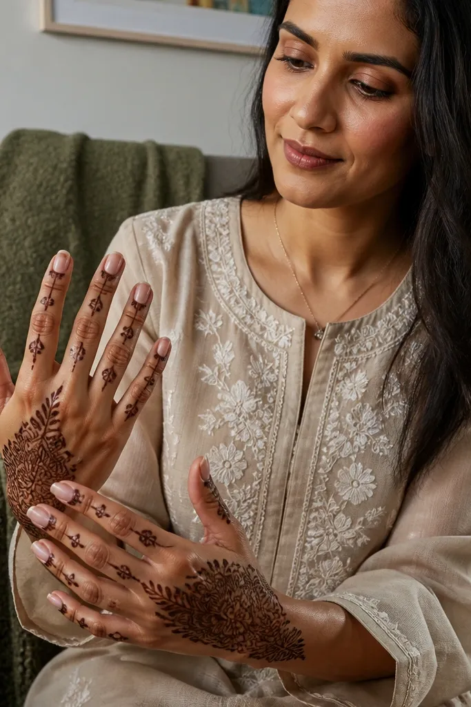 Each finger has a small paisley outline near the center and a thin connecting line