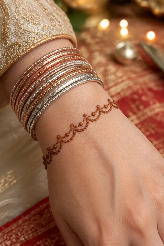 Wrist has repeating loop garland shapes with small dots inside and a thin hand line