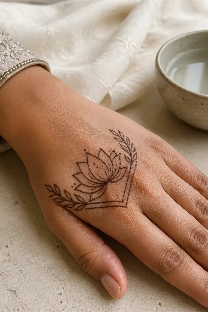 A small lotus panel on one side of back hand with two thin leaf strokes and a wrist band