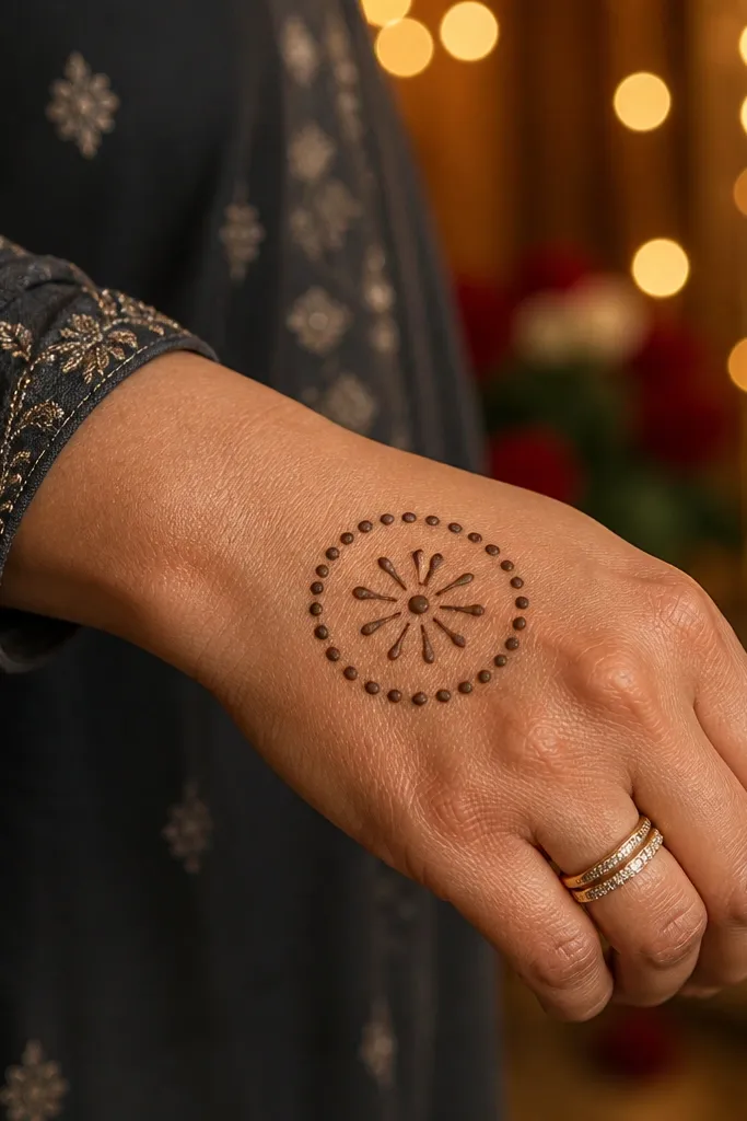 Back of hand has a circular dot wheel with short petal lines around it