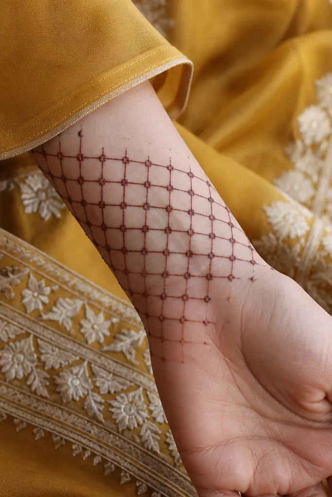 Wrist has a thin square grid pattern with tiny dots at corners and a clean inner line