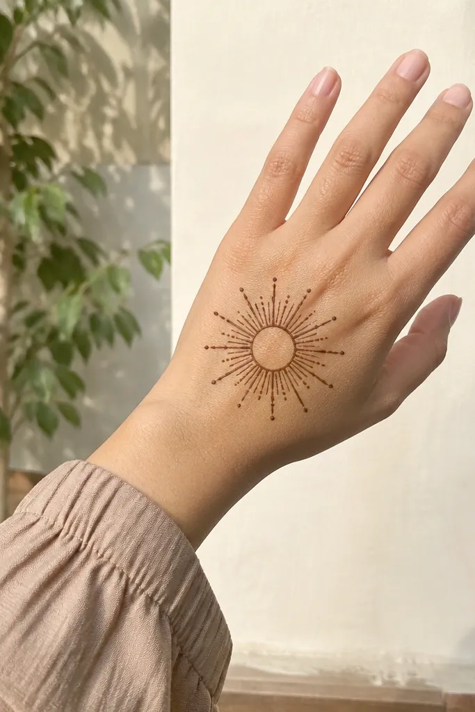 Back of hand has a small sunburst center with thin rays and dotted tips
