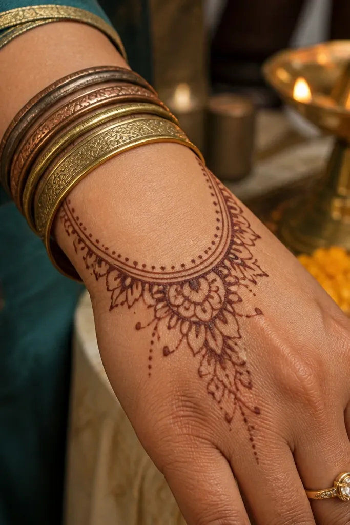 Crescent border across back of hand with dash marks and a narrow wrist band