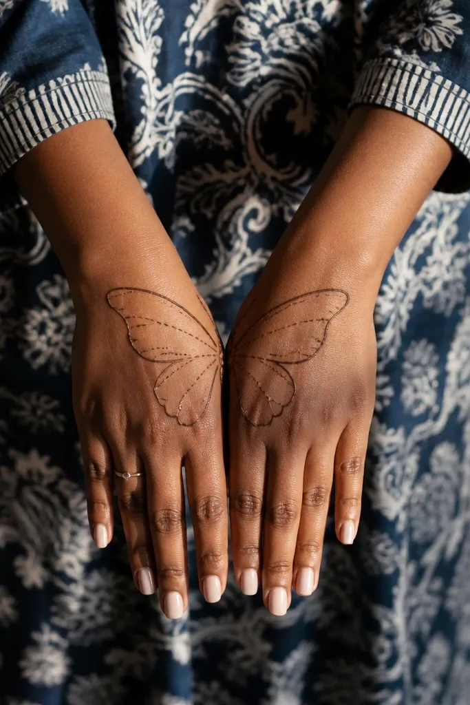 Two outer fingers have small butterfly wing outlines with dots and a thin wrist band