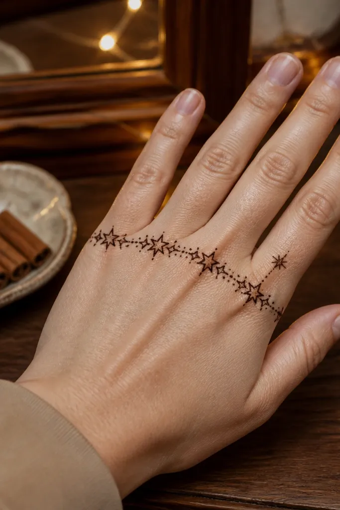 Finger bases have a chain of small star shapes leading to a wrist band