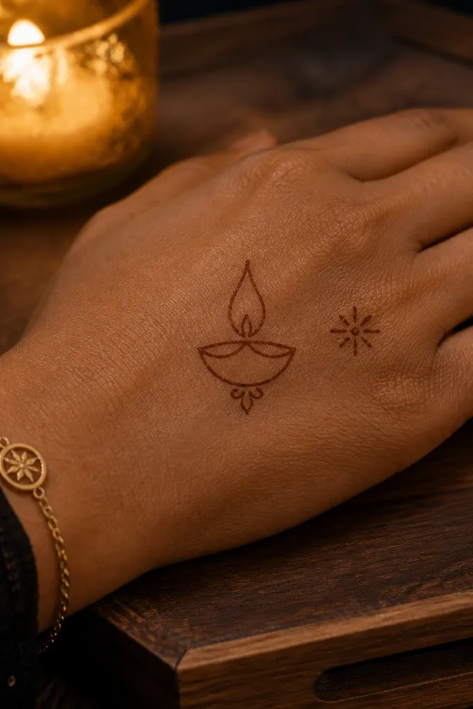 Back of hand has a small candle outline with a single flame and one side sparkle dot