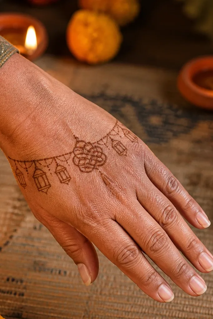 Back of hand shows a lantern string with a central triple-knot motif and a wrist band