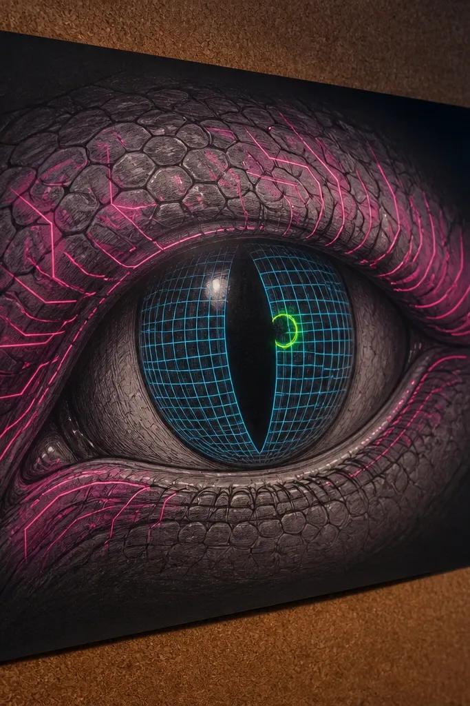 Eyes with glowing blue and pink circuit lines across the iris