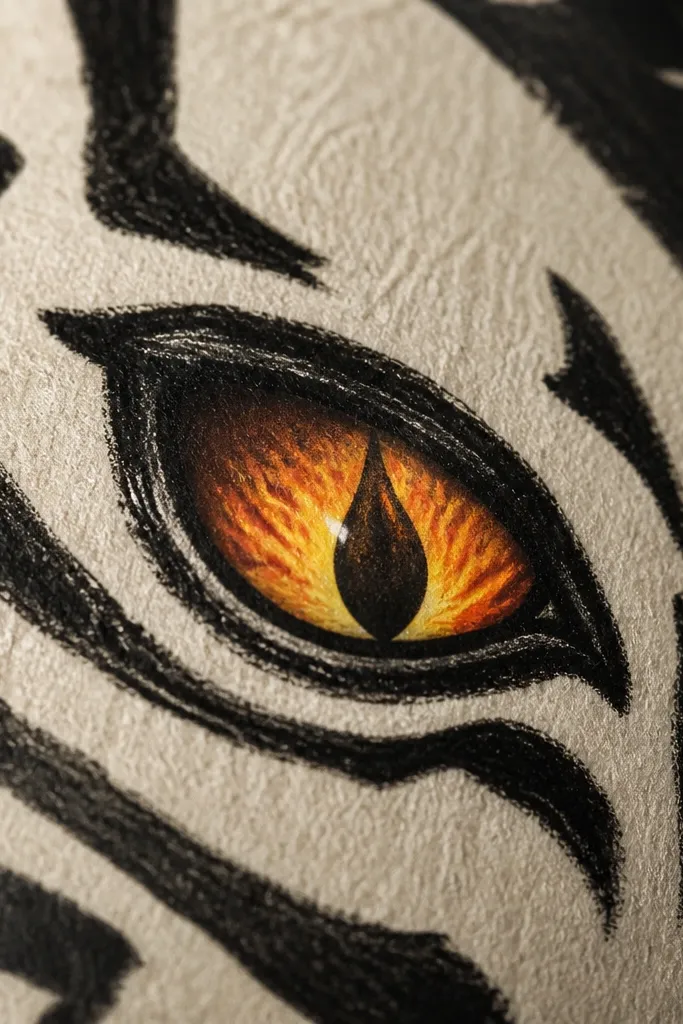 Dark pupils shaped like flames with orange ember highlights