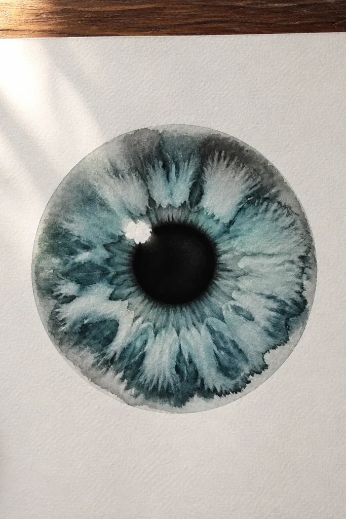 Watercolor swirl iris with soft ink edges and a bright white highlight