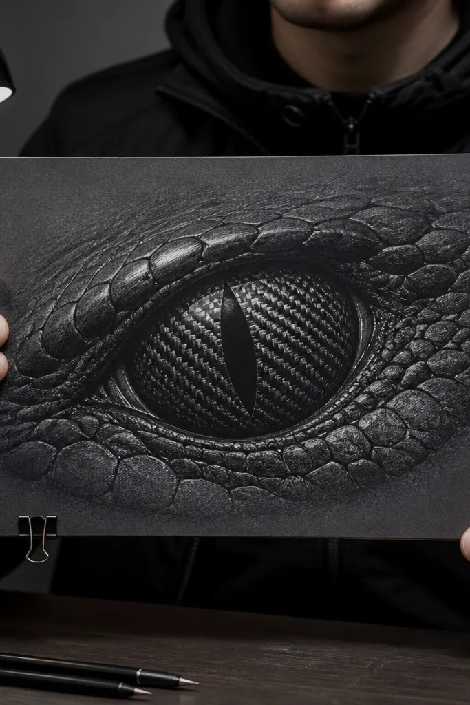 Eyes with dark carbon fiber texture and a sharp white highlight