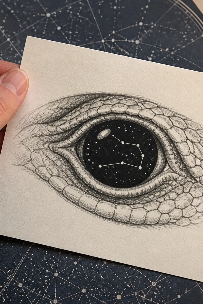 Eyes with a night-sky pupil, tiny star dots, and thin constellation lines