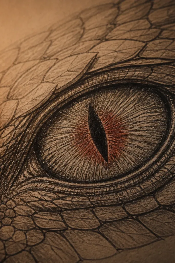 Eyes with engraved armor-like linework and a sharp dark ring