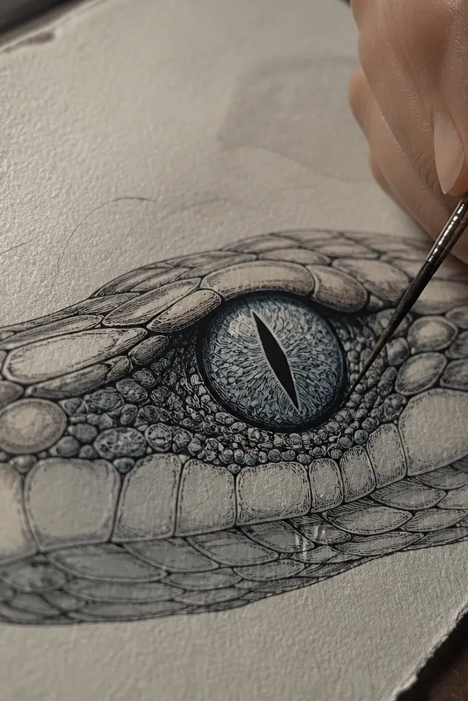Eyes with flowing koi-like ripples and tiny scale dots in the iris