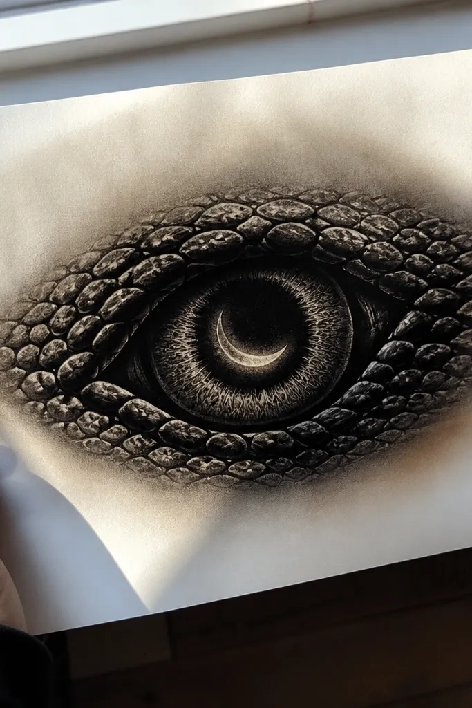 Eyes with a crescent moon shape inside the iris and a soft halo