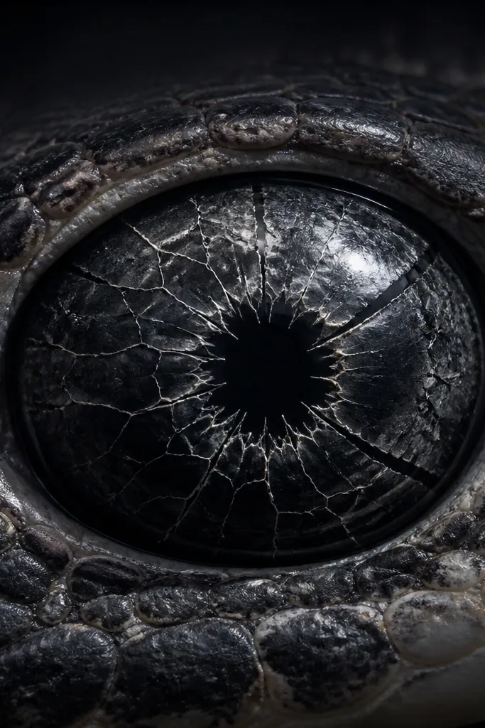 Dark obsidian eyes with branching cracks glowing faintly at the edges