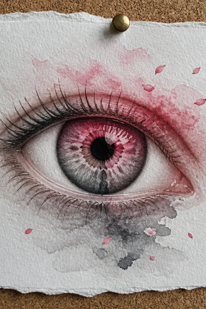 Eyes with rose-colored smoke swirls and small petal flecks in the iris