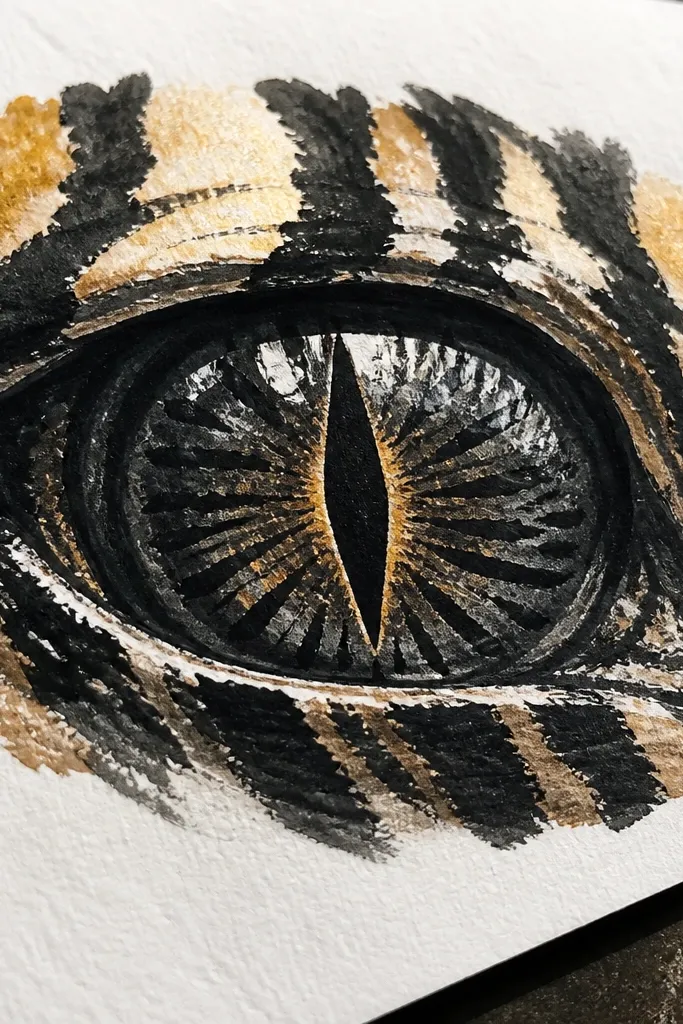 Eyes with bold tiger-like stripes across the iris and a bright highlight