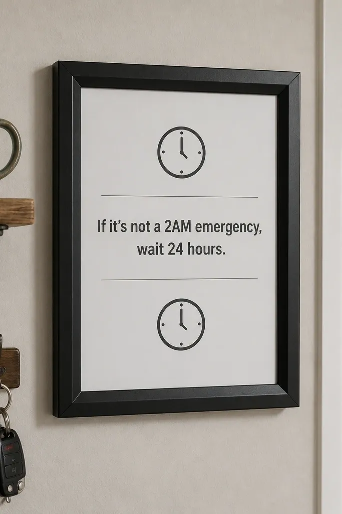 Black frame with a "wait 24 hours" theme and layered receipts and time icons