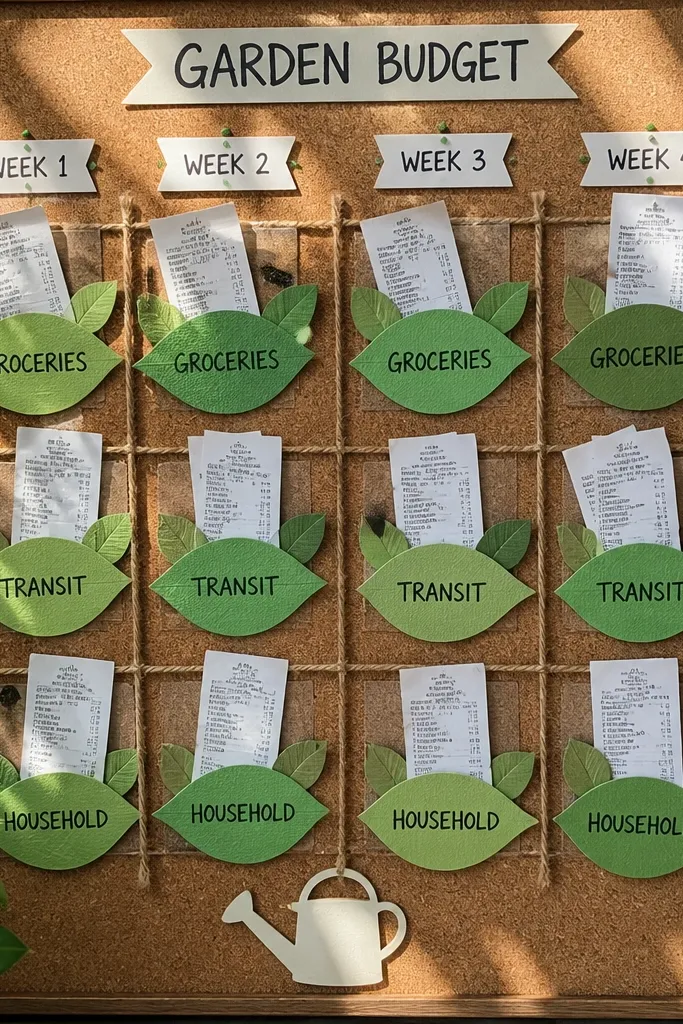 Board with leaf shapes made from receipts and a simple weekly budget layout