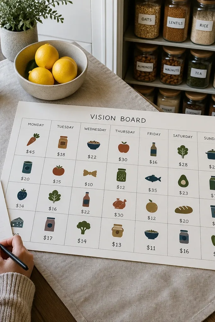 Weekly grid meal plan board with pantry icons and budget amounts