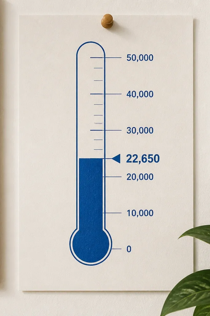 Thermometer-style savings meter with a fill level and labeled milestones
