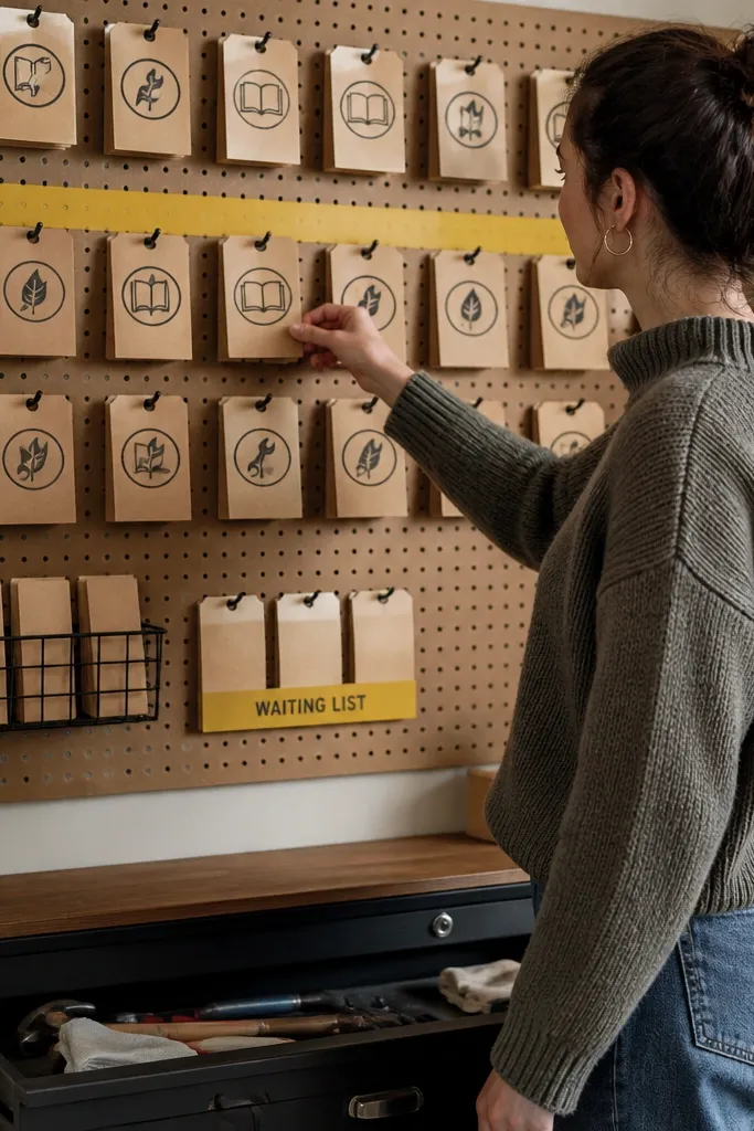 Board with coupon-style cards that say trade, borrow, and repair instead of buying
