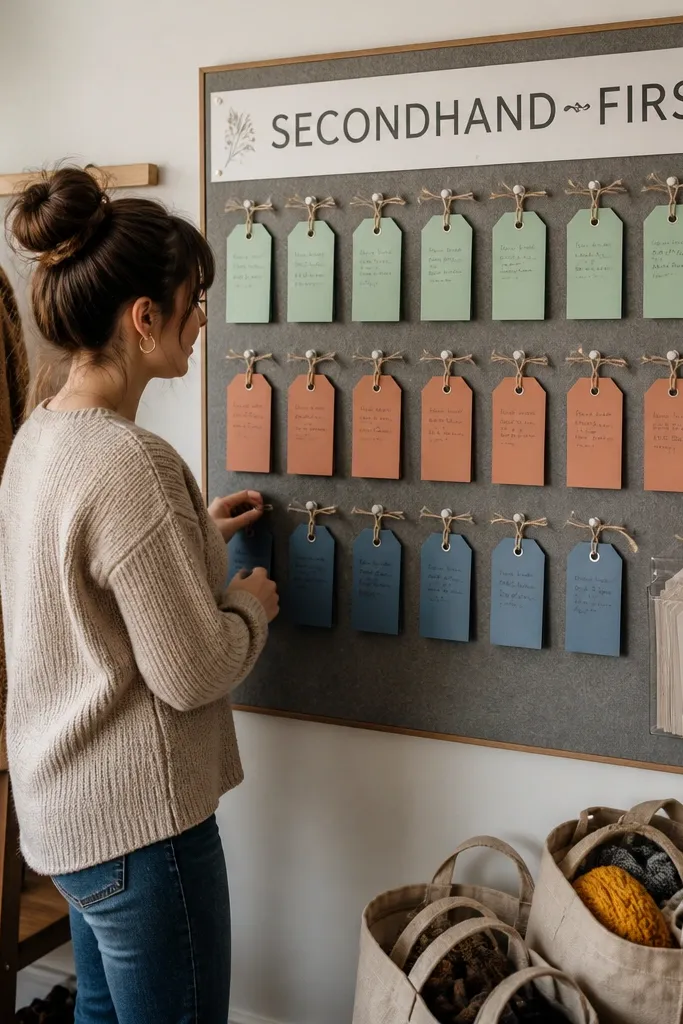 Board with thrift-tag cards in color groups for categories like clothes, home, and tools