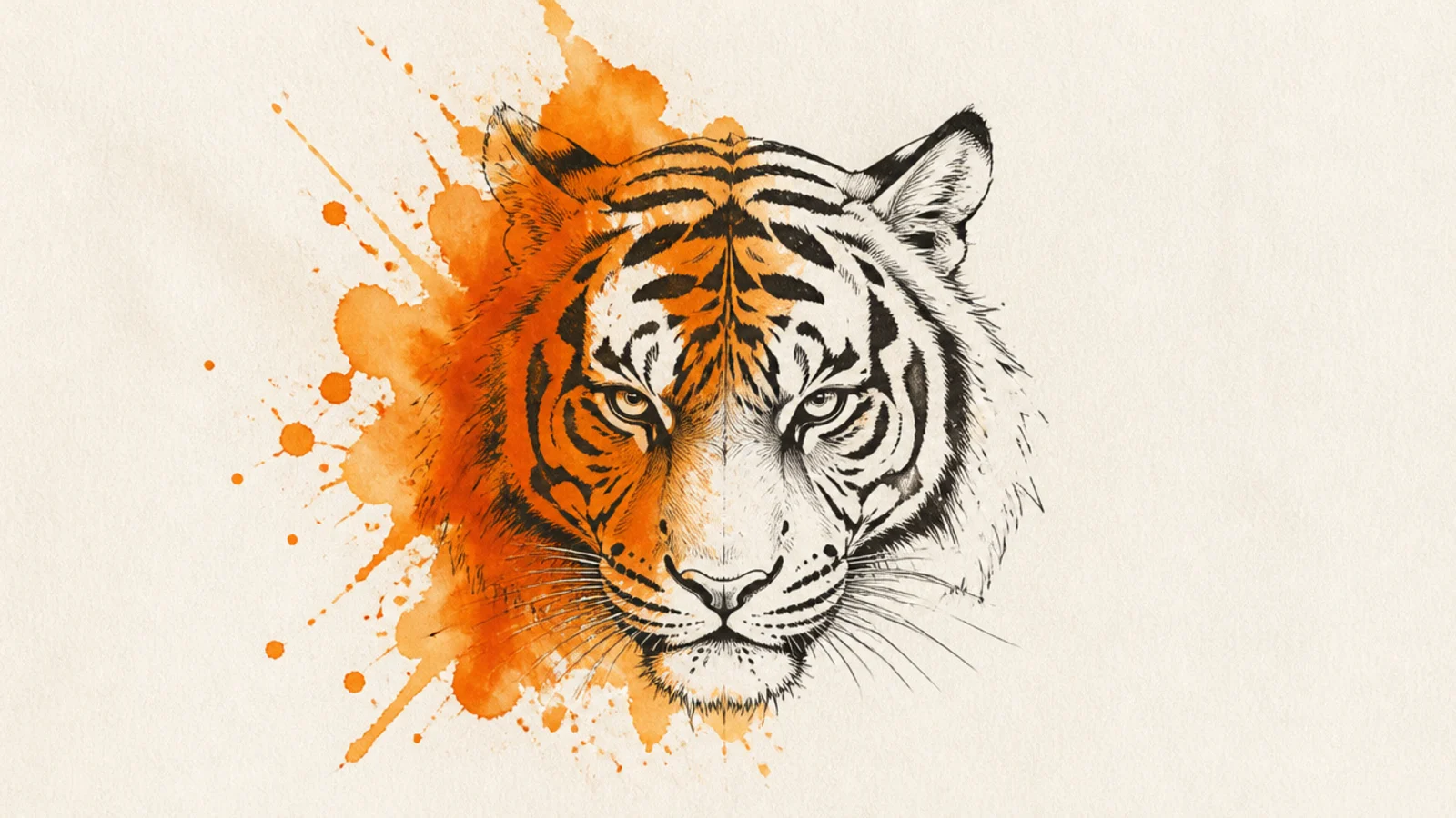 A tiger head bursting from a loose splash of watercolor